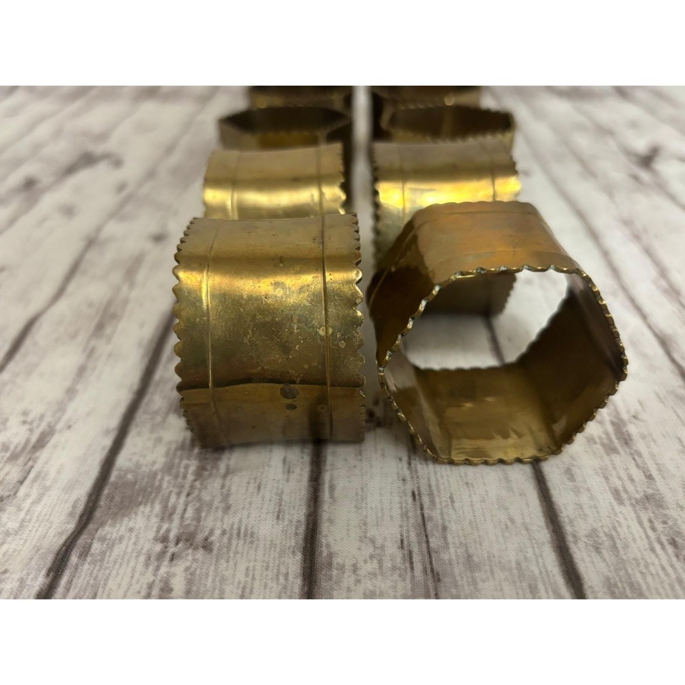 Vintage Brass Napkin Rings Set 10 Hexagon Scalloped Edge Hollywood Regency